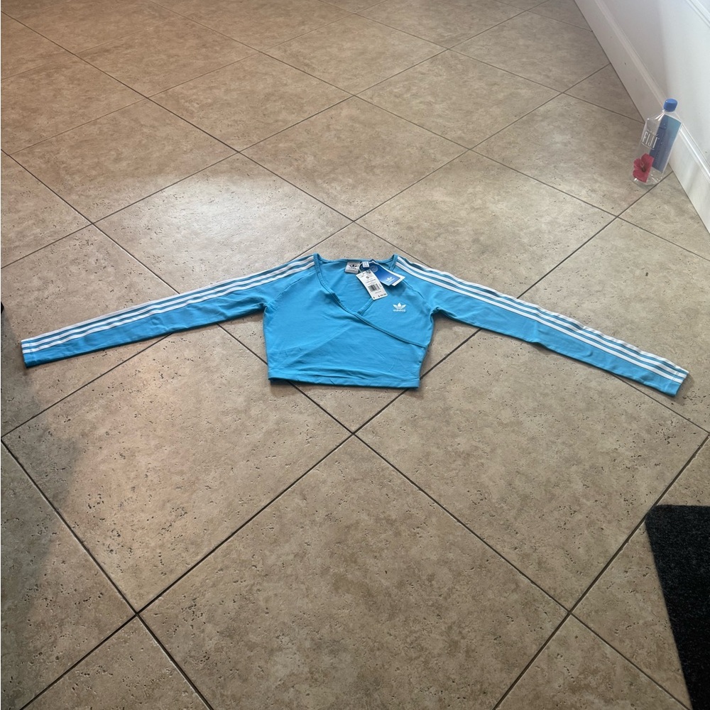Adidas Light Blue Crop Top with White Stripes